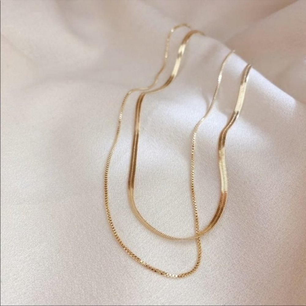 New Gold Plated Double Layer Flat Herringbone Thin Snake Chain Layered Necklace - Picture 4 of 6